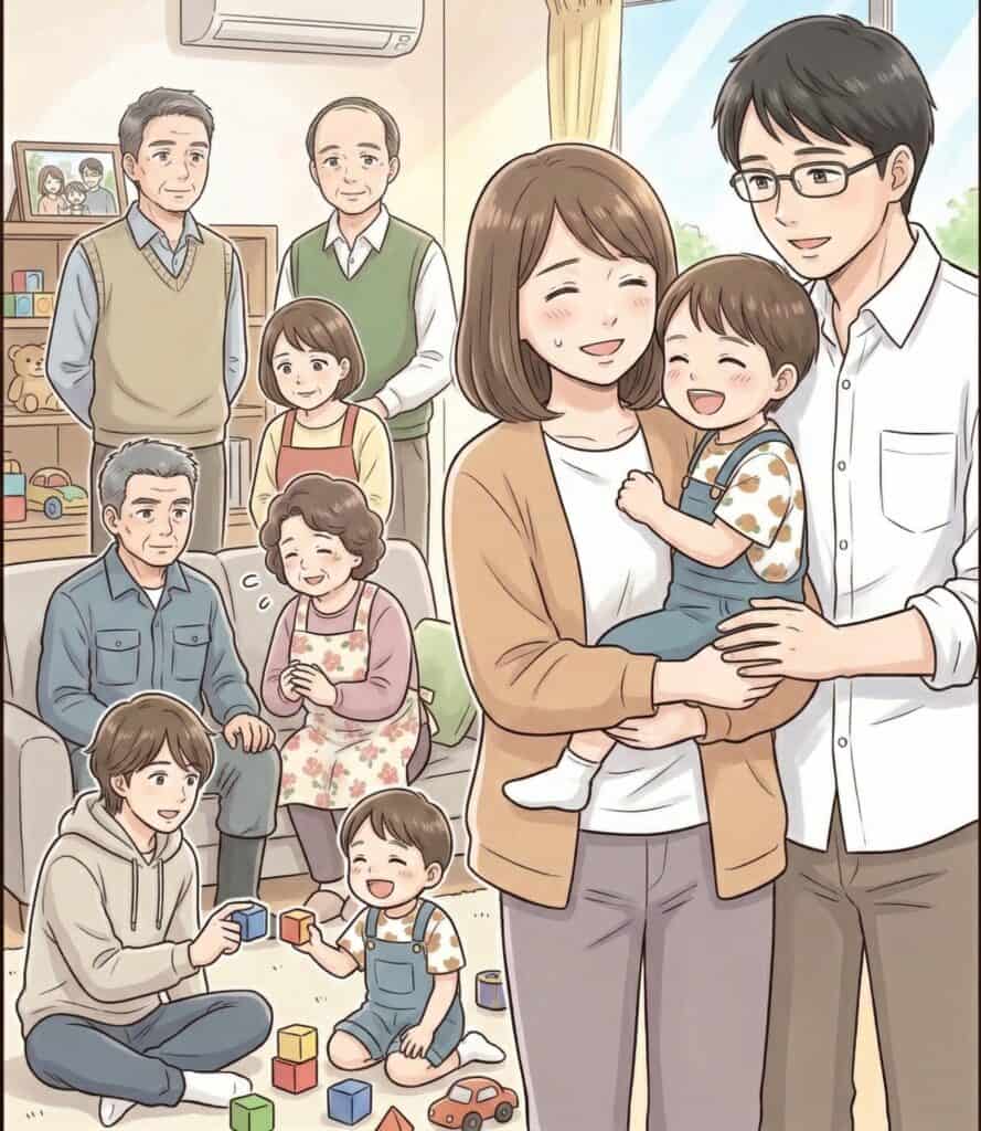 家族の温かい交流シーン、笑顔あふれる家庭のひととき。.