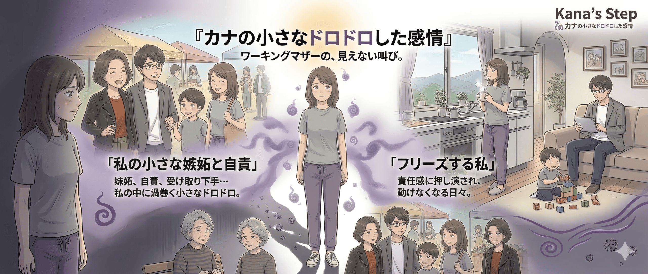 感情日記のイラスト、さまざまな感情を表現したキャラクターたちのシーン。.