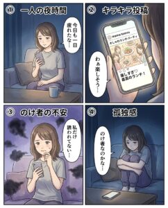 SNSを見て自分が疎外されていると感じる理由を描いたイラスト。.