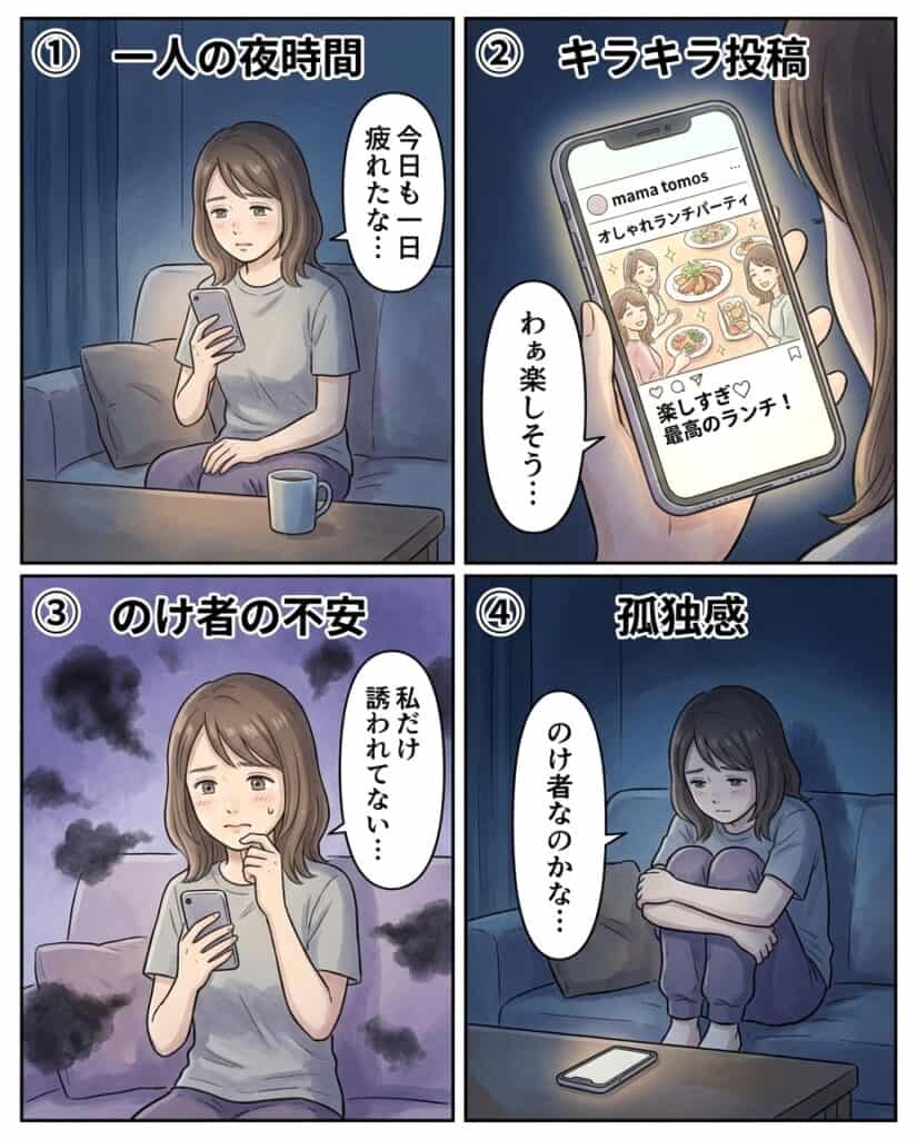 SNSを見て自分が疎外されていると感じる理由を描いたイラスト。.