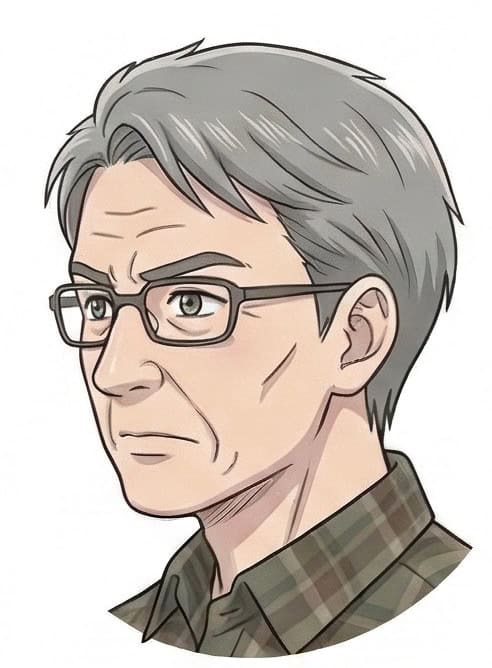 高齢男性の肖像画、眼鏡をかけて真剣な表情をしている。.