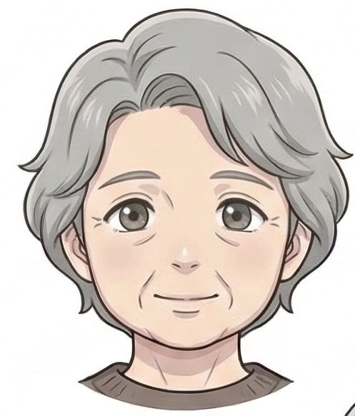 感情豊かな高齢女性のイラスト、優しい表情と温かみのある雰囲気を表現.