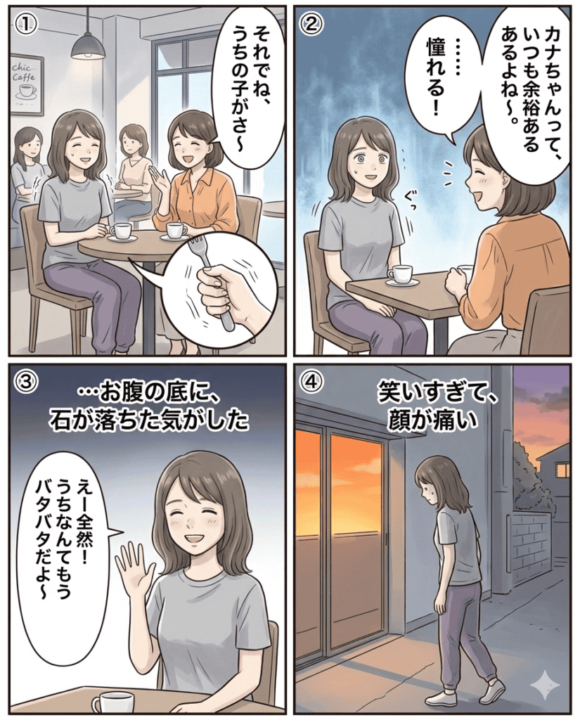 ALTタグ：カフェで友達と笑顔の会話を楽しむ女性のイラスト.