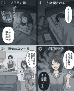 変わろうと努力するも元に戻る心の葛藤を描いた漫画シーン.