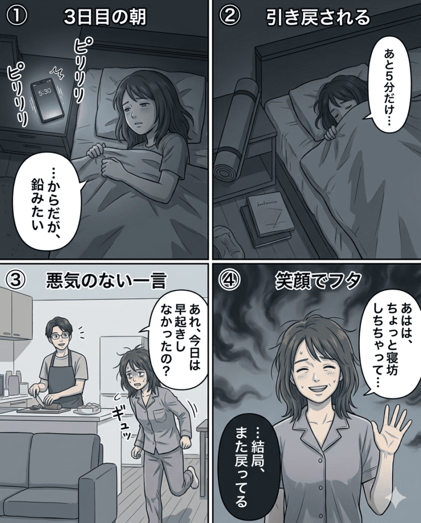 変わろうと努力するも元に戻る心の葛藤を描いた漫画シーン.