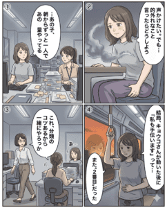 不安な気持ちを抱える女性が電車で手助けを受けるシーン.