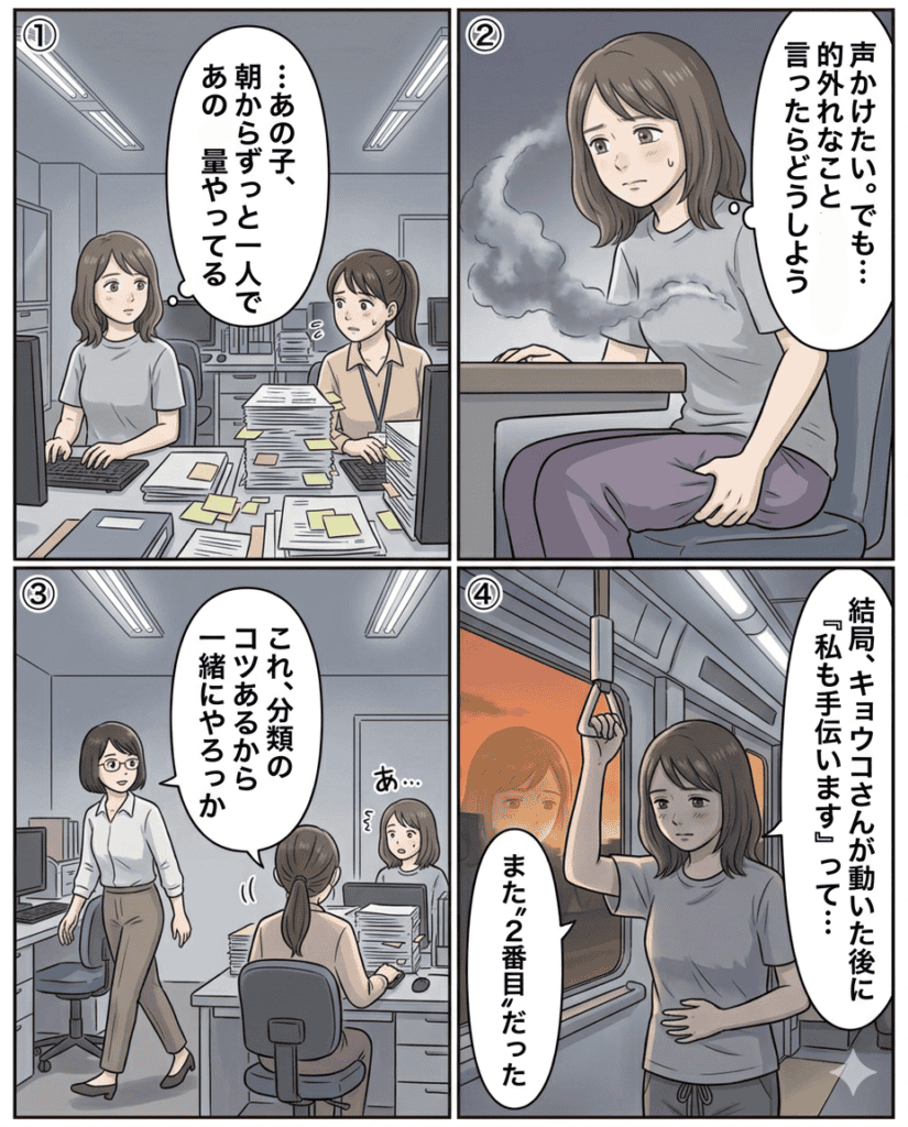 不安な気持ちを抱える女性が電車で手助けを受けるシーン.