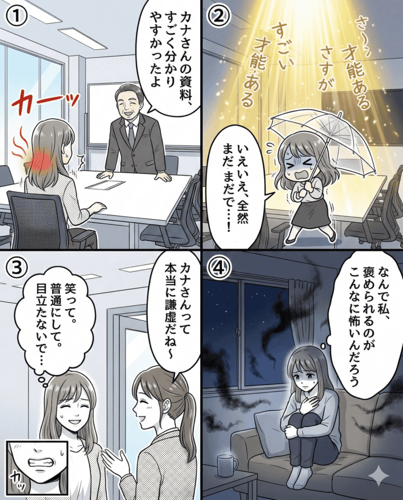 優秀な女性が自信と謙虚さを持つ姿を表現したイラストです。.