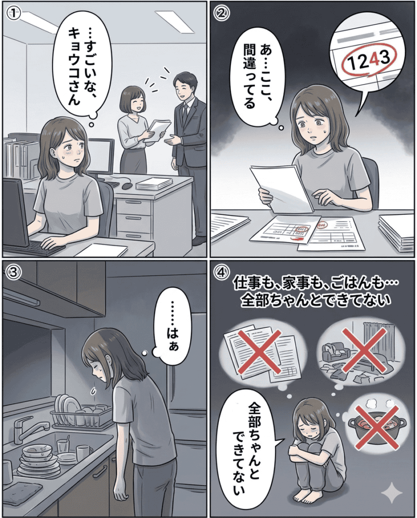 仕事と家庭の両立に悩む女性のイラスト.