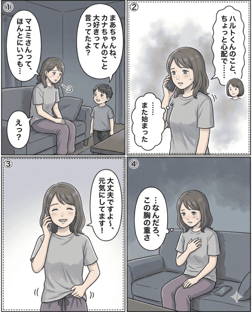 家族の会話と感情の変化を描いたイラスト.