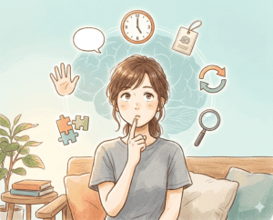 脳ダマのバリエーションに関するイラスト、思考や感情の変化を表現したデザインです。.