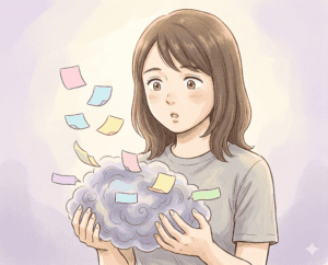 感情を理解し名前をつける女性のイラスト。感情日記や自己理解に役立つビジュアルです。.