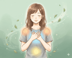 感情を心で感じる女性のイラスト、手を胸に当てて穏やかに微笑む姿。自然と調和した癒しのシーンを表現。.