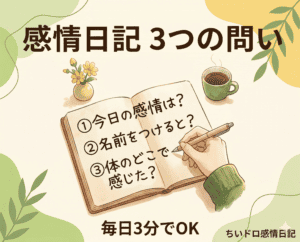 感情日記の書き方に関するイラスト、質問と記入例を示す画像です。.